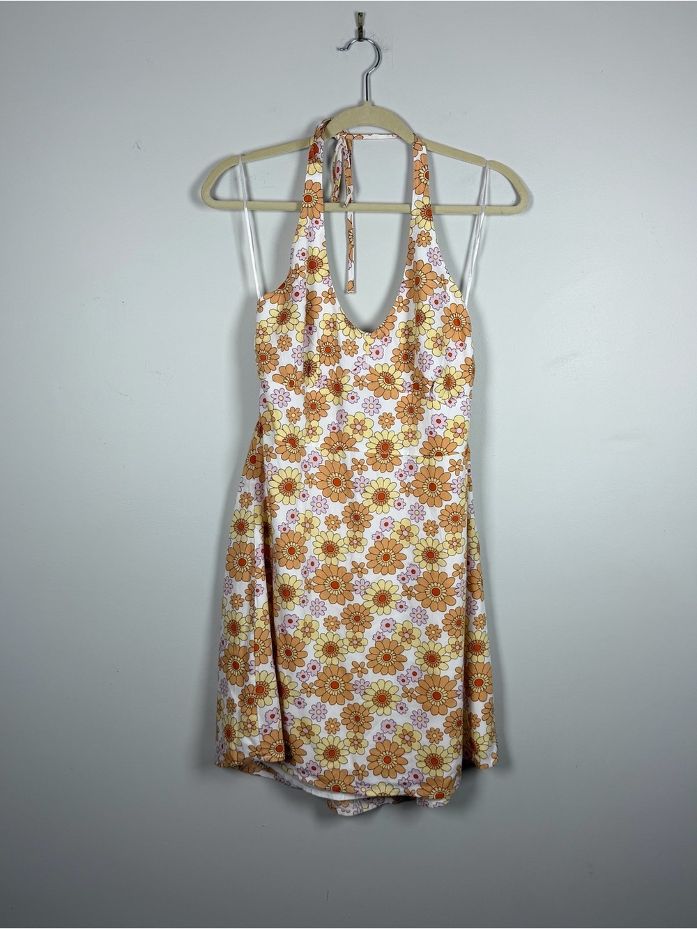 Hollister Retro 70s Orange Pink Daisy Halter Mini Smocked Dress Size Large